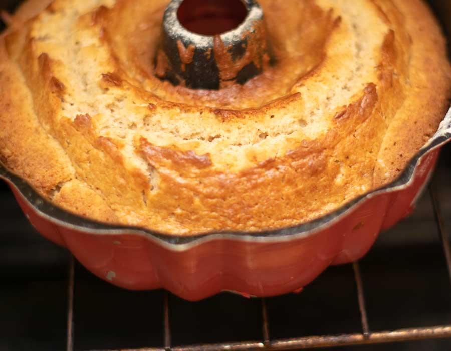 Cake coming out of the oven