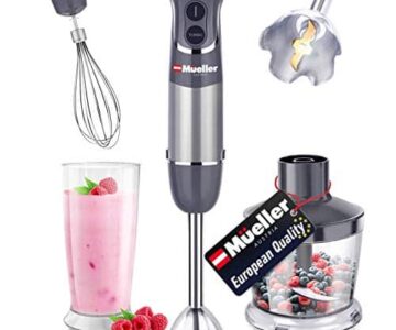 Mueller Austria Hand Blender Smart Stick 800W 12 Speed And Turbo Mode 3 In 1 Titanium Steel Blades Comfygrip Handle With Whisk ChopperGrinder Bowl And BeakerMeasuring Cup 0