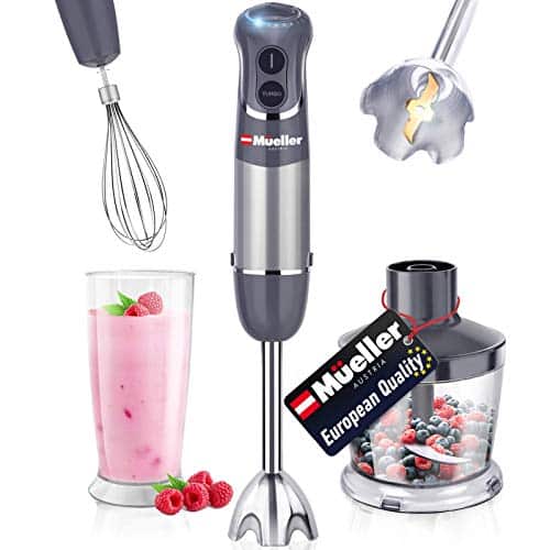 Mueller Austria Hand Blender Smart Stick 800W 12 Speed And Turbo Mode 3 In 1 Titanium Steel Blades Comfygrip Handle With Whisk ChopperGrinder Bowl And BeakerMeasuring Cup 0